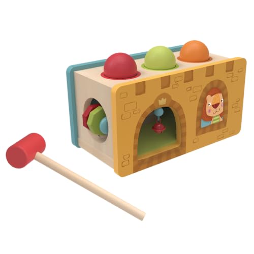Image of Bababoo & Friends Little Castle Pound and Roll Toy, Wooden Multifunction Knocking Bench for Toddlers 12+ Months, 9 inch, Promotes Fine Motor Skills, Dexterity, Cause & Effect Learning, Includes Playtales