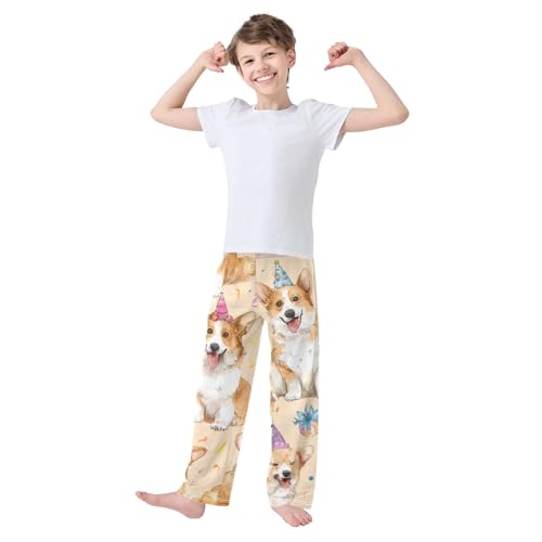 Corgi Dog with Birthday Party Hat Boys Long Pants Soft Trousers Elastic Waist Kids Lounge Bottoms with Pockets S-XL3