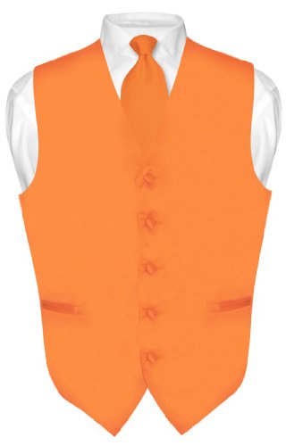Men's Dress Vest & NeckTie Solid ORANGE Color Neck Tie Set for Suit or Tuxedo