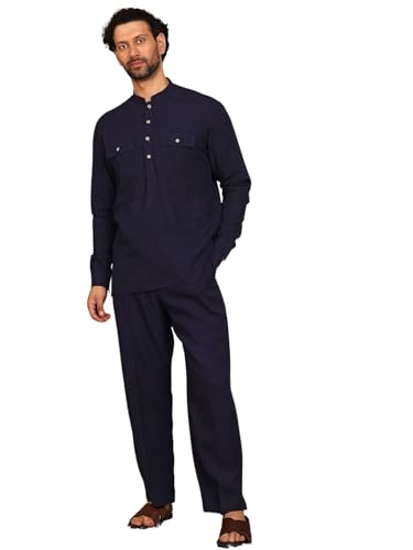 Image of See Designs Men's Full Sleeve Mandarin Collar Linen Solid Pathani Set