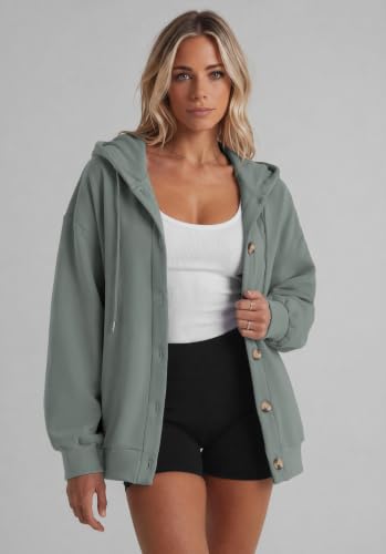 Zeagoo Hoodie With Pockets Oversized Crewneck Button Sweatshirt Long Sleeve With Hood Comfy Cute Fall Fashion 2026 Womens Plus Size Gray-green — view 4
