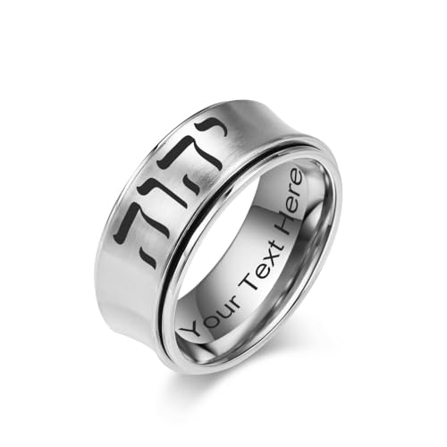 Hebrew Laser Engraved Customize Stainless Steel Ring, Rotating Concave Ring Brushed Judaism 9MM Wedding Band Ring, Size 5 to 11