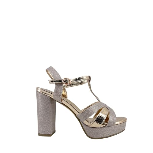 MODELISA - Sandalia Tacón Ancho Con Plataforma Brillo Hebilla Pulsera Tobillo Mujer (Champagne, 36)