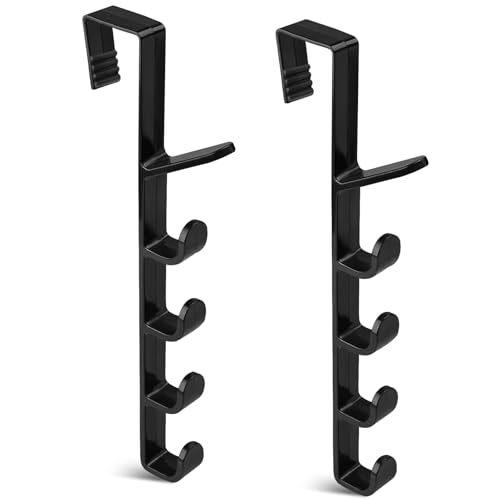 Over Door Hooks, Vertical Over The Door Hanger with 5 Hook, Over Door Towel Rack,Coat Hooks for Hanging Clothes Towel Bag Hat, Black, 2 Pack