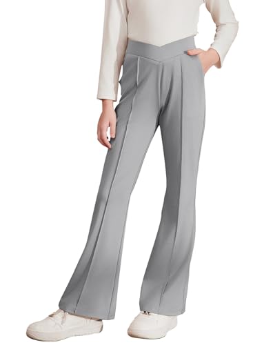 blibean Teen Girls Uniform Dress Pants Big Kids Fashion High Waisted Flare School Pockets Leggings with Front Seam Size 14 15 16 Grey