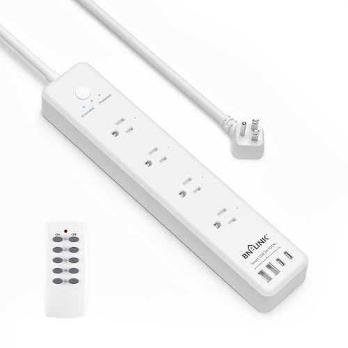 BN-LINK Remote Control Power Strip with 4 Independent Outlets4 USBs (incl. 20W USB-C) 3.9Ft Extension Cord 15A/1875W Overload Protection Wall Mount for Home Office ETL Listed 1200J