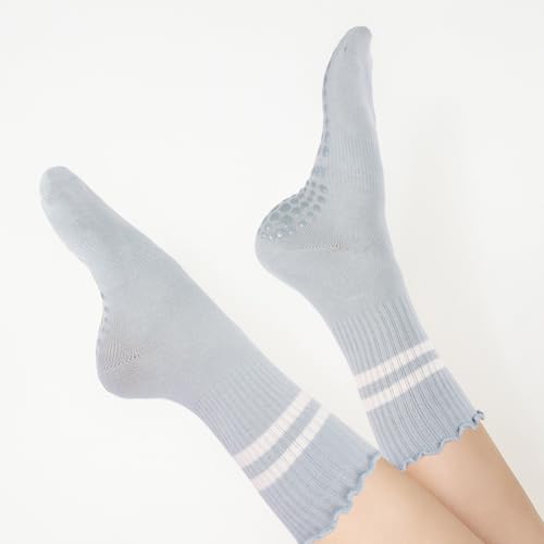 3 Pairs Yoga Socks with Grips, Non Slip Ruffle Pilates Socks Frilly Crew Socks for Barre Barefoot Workout Hospita3