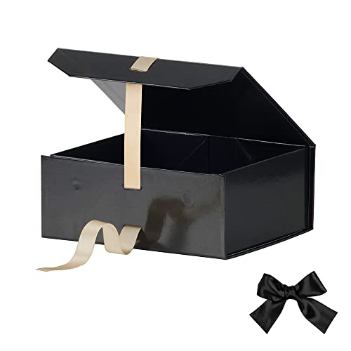 Black Gift Box 8X7X3.3 Inches, Luxury Gift Box With Ribbon, Empty Gift Box With Lid Magnetic Closure, Groomsman Box, Collapsible Small Gift Boxes For Presents Packaging, Wedding (Glossy Black) #TOP3