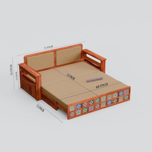Image of Wooden Sofa Cum Bed for Living Room | Convertible Sofa Bed with Storage | 3 Seater Foldable Sleeper Sofa | Solid Wood Pull Out Sofa Bed with Mattress for Home & Guest Room (Honey, Anna)