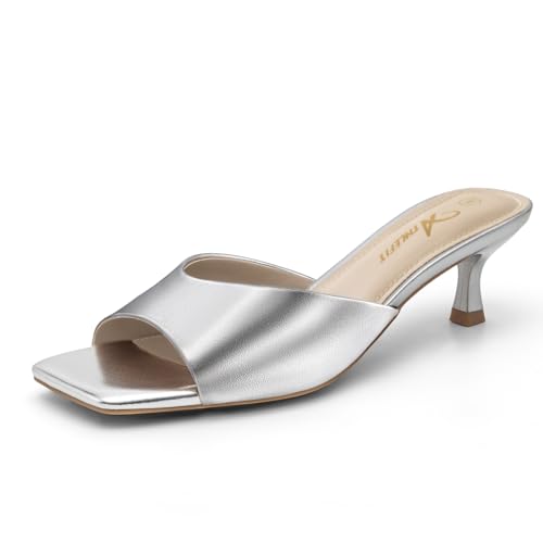 Athlefit Silver Kitten Heels for Women Square Open Toe Heeled Sandals Slip On Dressy Short Low Heels for Prom Size 11