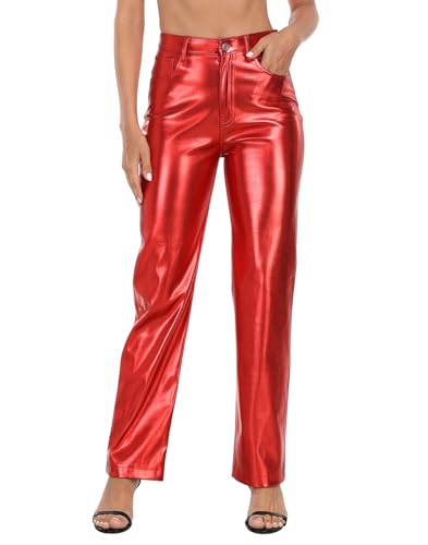 HDE Womens Shiny Metallic Faux Leather Pants High Waisted Straight Leg Trousers Red - 8