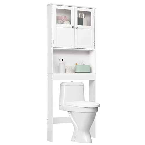 VINGLI Bathroom Organizer Over Toilet Bathroom Storage Cabinet Above The Toilet Shelf with Acrylic Glass Double Doors Adjustable Shelf Free Standing Wooden Space Saver Collect Home Furniture
