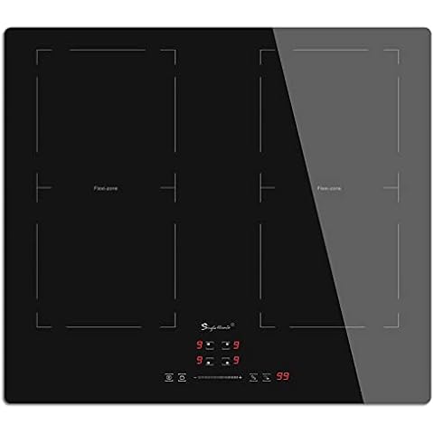 Induction Hob Flexi Zones, Electric Cooktop 60cm Built-in Hob with 4 Burners 2 Flex Zones for BBQ, Crystal Glass Panel 220~240V Cover