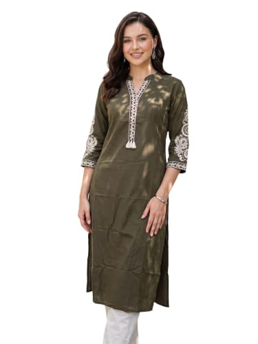 Image of INDO ERA Women's Cotton Straight Fit Floral Embroidered Kurta (KT0GN9776)