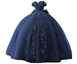 TRHTX Off Shoulder Quinceanera Dresses Ball Gown Puffy Luxury Beaded Birthday Dresses for Women Lace Navy Blue Prom Dresses with Bow-Knot 2