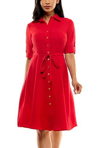 Image of Sharagano Women's Pleated Shirt Dress - 3 /4 Sleeve, V-Neck, Gold Buttons