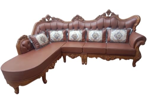 Image of Wooden L Shape Sofa Set, 7 Seater, Solid Wood Hand-Carved with Rexine Upholstery, Modern Corner Design Furniture for Living Room, Home, Office