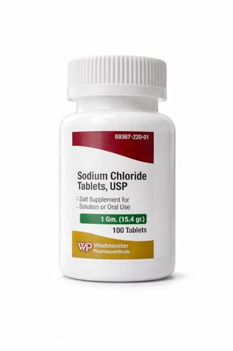 Westminster Pharmaceuticals Sodium Chloride Tablets USP 1 Gram 100 Count Salt Supplement for Solution or Oral use to Make isotonic Solution Prevent Heat Cramps Due to Excessive Perspiration