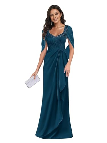 Mother of The Bride Dresses for Wedding Long Mermaid Ruched Chiffon Lace Formal Evening Gown with Cape JH030