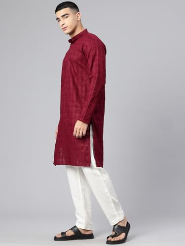 Image of Majestic Man Men's Pure Cotton Textured Check Mandarin Collar Long Kurta