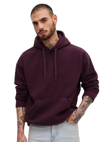Image of The Souled Store Polar Fleece Pullover: Burgundy Men and Boys Long Sleeves Hooded Neck Solid Cotton Blend Oversized Hoodies