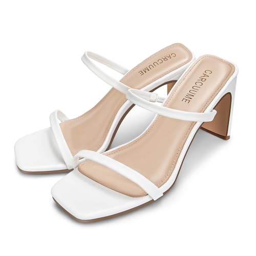 Image of Carcuume Women's Square Toe Two Strap Open Toe Block Heels Sandals Slip On Shoes