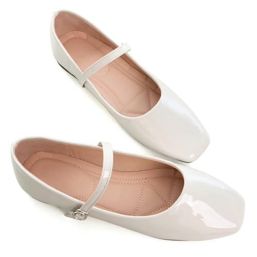 Image of TN TANGNEST Leather Flats for Women Retro Mary Jane Flats | Comfortable Square Toe Slip On Flats with Buckle Strap, Soft Work Flats Office Shoes
