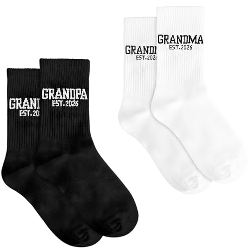 FUIPET Grandma and Grandpa EST 2026 Socks Set - New Grandparent Gifts for Pregnancy Announcement First Time Grandparents Gifts - Black & White Socks for Grandma & Grandpa to be