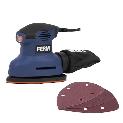 FERM Lijadora de Detalle 140W – Lijadora de Palma Delta 140x140x100mm – 12.500 opm con Aspiración de Polvo, Softgrip y 3 Hojas de Lija – Ideal para Esquinas y Bordes