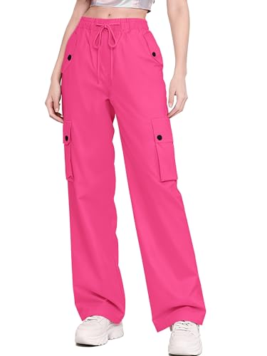 Image of Betusline Girls & Women's High Waist Wide Leg Cargo Pants Y2K Parachute Pants with Pockets and Drawstring 6 Years-Women 2XL
