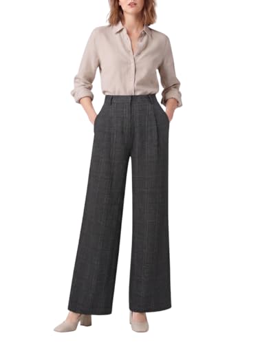 OctMoon Women's High Waisted Wide Leg Palazzo Pants – Long Length Striped Trousers for Tall Women – Flowy Extra Long Palazzo Pants with Classic Plaid Pattern(Dark Grey)-XL
