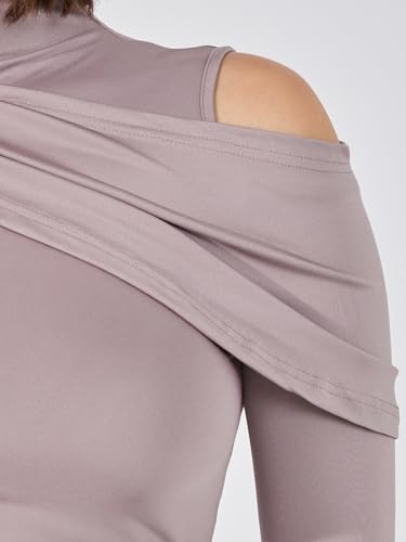 Image of Styli Women Brown Cut-Out Detail High Neck Draped Maxi Dress | High Neck, Ruching Detail, Pleated Long Sleeves, Zip Closure, and Flattering Maxi Length for an Elegant Look.