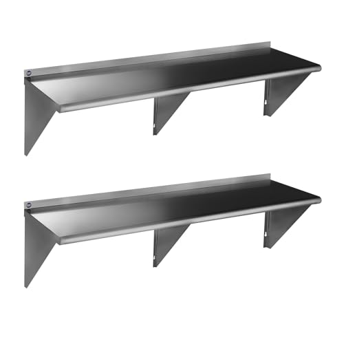 Image of ROCKPOINT Stainless Steel Shelf 14 x 72 Inches 480lb, 2 Pack NSF Commercial Wall Mount Floating Shelving with Backsplash for Restaurant, Kitchen, Home and Hotel, Silver