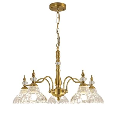 Esther life Vintage Chandelier, 5-Light Gold Brass Crystal Chandeliers for Dining Room, Antique Victorian Chandelier with Glass Shade, Modern Farmhouse Light Fixtures for Kitchen Island Living Room