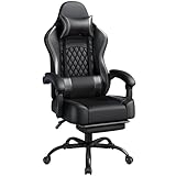 Yaheetech Silla Gaming con Respaldo Alto Almohada Lumbar de Masaje Silla de Escritorio Ergonómica Ajustable en Altura con Reposacabezas Extraíble Reposapiés Función de Inclinación Negro