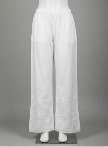 Image of White Cotton Chikankari Palazzo Pants for Women, Embroidered Floral Design with Lace Hem, Wide Leg