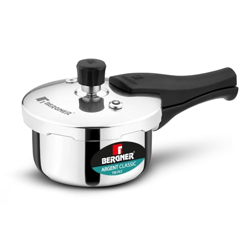 Image of Bergner Argent Classic Triply Stainless Steel 1 Liter Outer Lid Pressure Cooker, Mini Baby Cooker with Resettable Safety Valve, Sturdy Handle, Easy to Use and Clean - Induction and Gas Stove Ready