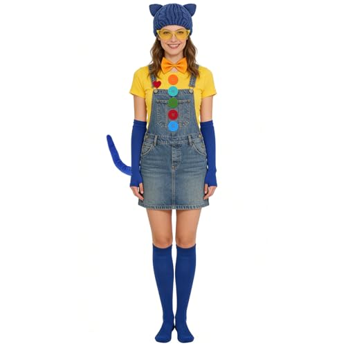 11 Pcs Blue Cat Book Character Costumes for Adults with Cat Ears Beanie Glasses Sticker Bowtie Arm Sleeves and Socks for Women Book Character Cosplay Book Day Dress Up