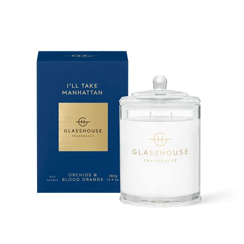 Glasshouse Fragrances I'll Take Manhattan Candle, Triple Scented Natural Soy Wax Blend, 2 Wicks & Glass Jar, 65 Hour Burn Time, Orchids & Blood Orange, 13.4 Oz (380g)