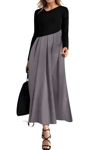 SAUKOLE Fall Winter Dresses for Women Casual Long Sleeve V Neck Patchwork Dress 2025 Fashion A Line Maxi Dress