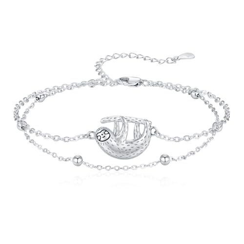 Image of 925 Sterling Silver Animal Bracelets Anklets Elephant /Highland Cow /Penguin /Sloth Adjustable Jewelry Gifts for women