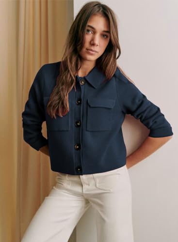 Womens Wool Pea Coat Button Up Open Front Trench Outerwear Long Sleeve Cropped Cardigan Jacket with Pockets2