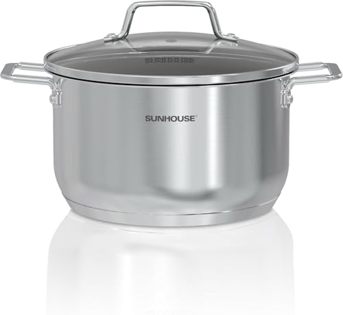 SUNHOUSE 18/8 Stainless Steel Stock Pot - 6 Quart Heavy-Duty Induction Cooking Pot with Visible Lid for Pasta, Soup, Spaghetti - Nonstick Thick-Bottom Deep Stockpot for Canning, Boiling, and Simmering