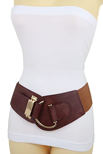 Women Gold Metal Hook Buckle Wide Dressy Fashion Elastic Belt Hip Waist Size S M Brown #TOP2