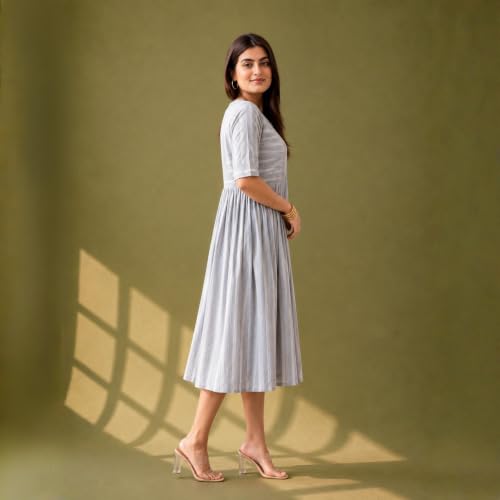 Image of Women's Grey Striped Cotton Midi Dress | Round Neck | Hand Block Print, Button Detailing, Half Sleeves | A-Line Casual One Piece Frock