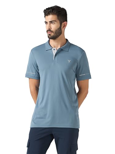 Image of TECHNOSPORT Men's Solid Slim Fit Polo Collar T-Shirt TECHNOCOOL+ Half Sleeve Button Polyester for Gym Running Workout UPF50+ Anti Odour