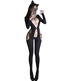 SENJIY sexy cat outfit for women lingerie Cosplay Costume cute High Cutout Bodysuit anime roleplay Babydoll jumpsuit ears Eye Mask set Halloween Catsuit Black