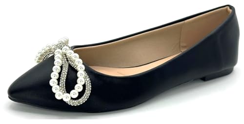 TruFox Women's Ballet Flats Rhinestone Bow Slip on Flat Ballerina Shoes2