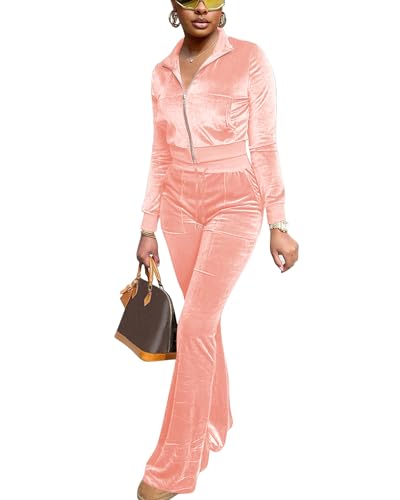 FIVCAT Women's 2 Piece Outfit Sweatsuits 2026 Velvet Jogger Suits Long Sleeve Zip Up Crop Top Flare Pants Set Y2K Cute Winter Tracksuit with Pockets Orange Pink S