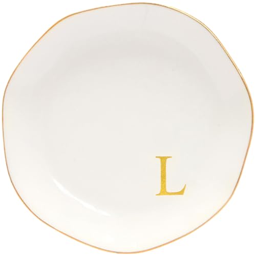 Image of Ceramic Jewelry Tray Initial Ring Dish Personalized L-Monogrammed Engagement Wedding Gifts, for Birthday Mother's Day Christmas for Women, Ceramic White 4.75 inch (L)